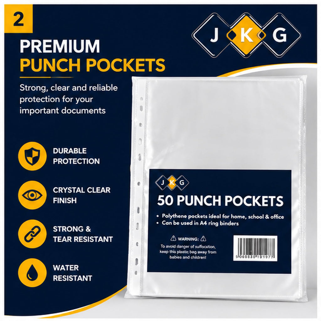 50 Pack A4 Clear Punched Poly Pockets – Plastic Document Wallets