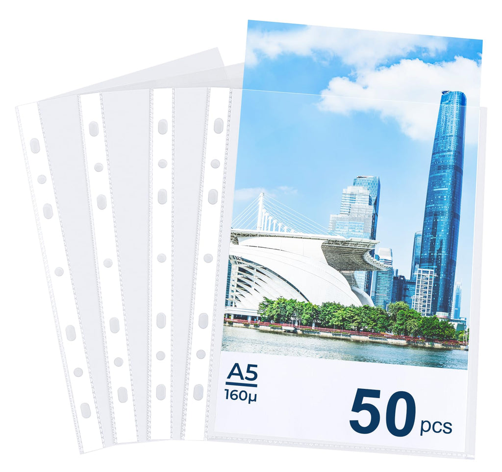50 Pack A5 Punched Pockets 160 Micron Top-Opening 7-Hole Poly Sleeves