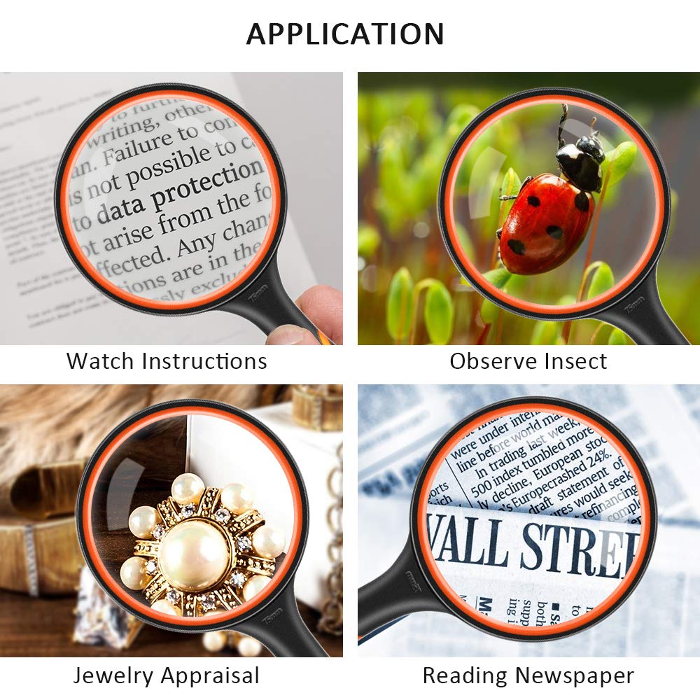 Vicloon Magnifying Glass, 10X Handheld Reading Magnifier, 75mm Magnifying Lens Handheld Magnifying Glass with Hanging Rope and Rubber Handle for Observation Reading Book Fault Finding (Orange)