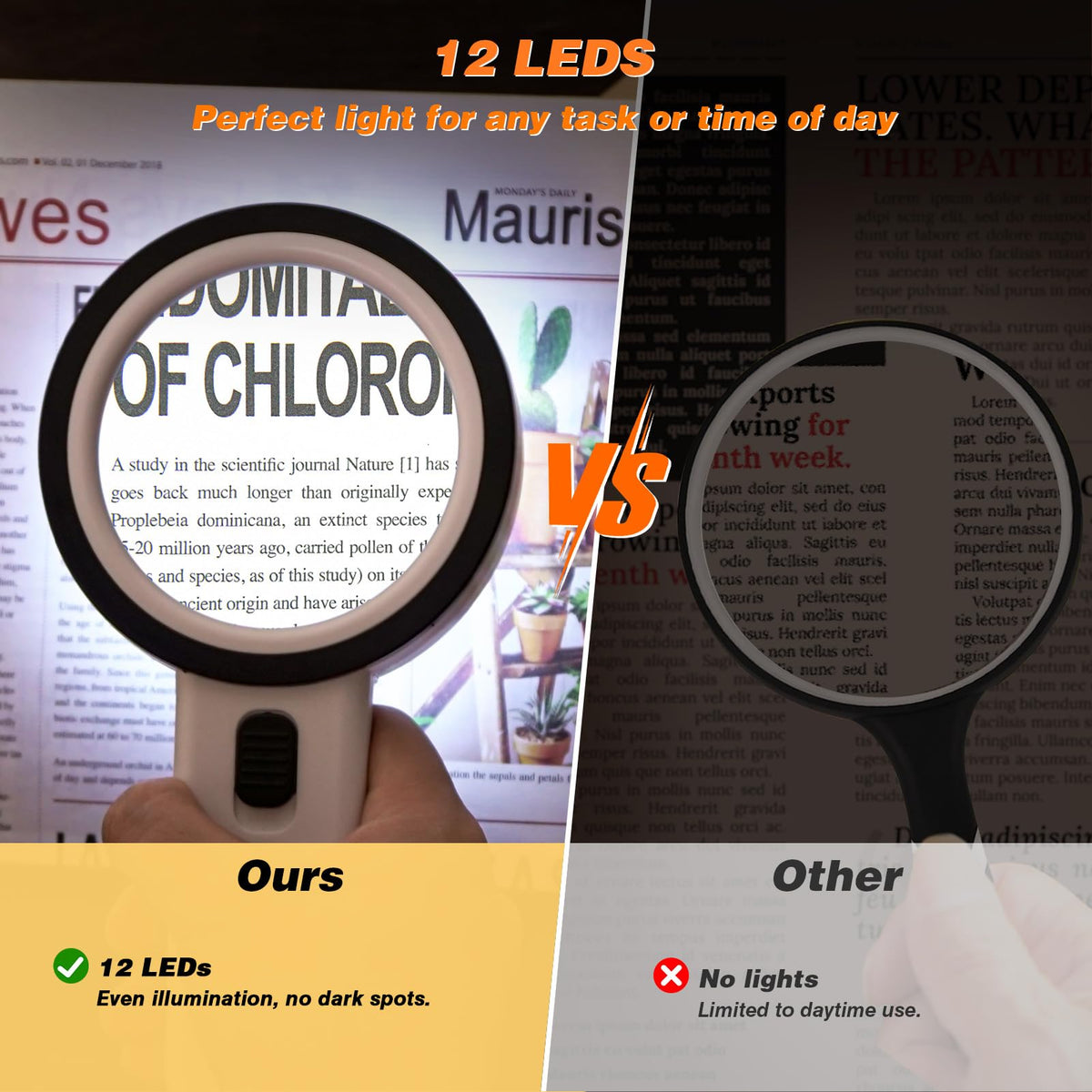 Magnifying Glass with Light, Double-Layer Glass Lens Handheld Large Magnifying Glass 12 LED Lighted Magnifier for Seniors Reading, Coins, Jewelry, Close Working