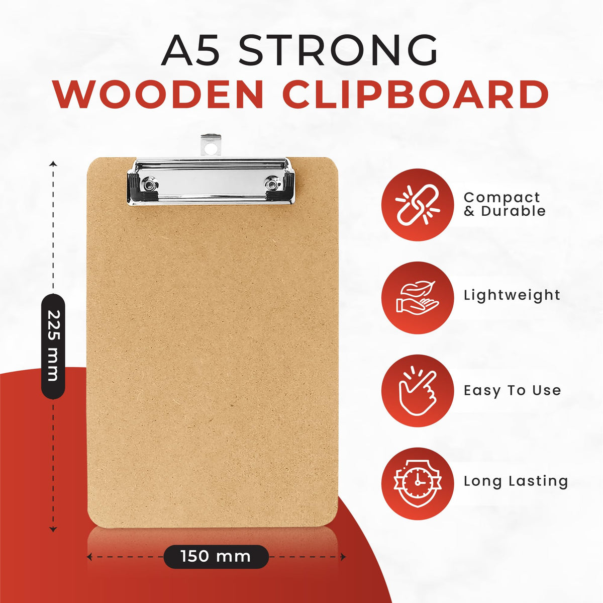 A5 Wooden Clipboard — Hardboard with Metal Clip & Hanging Hole