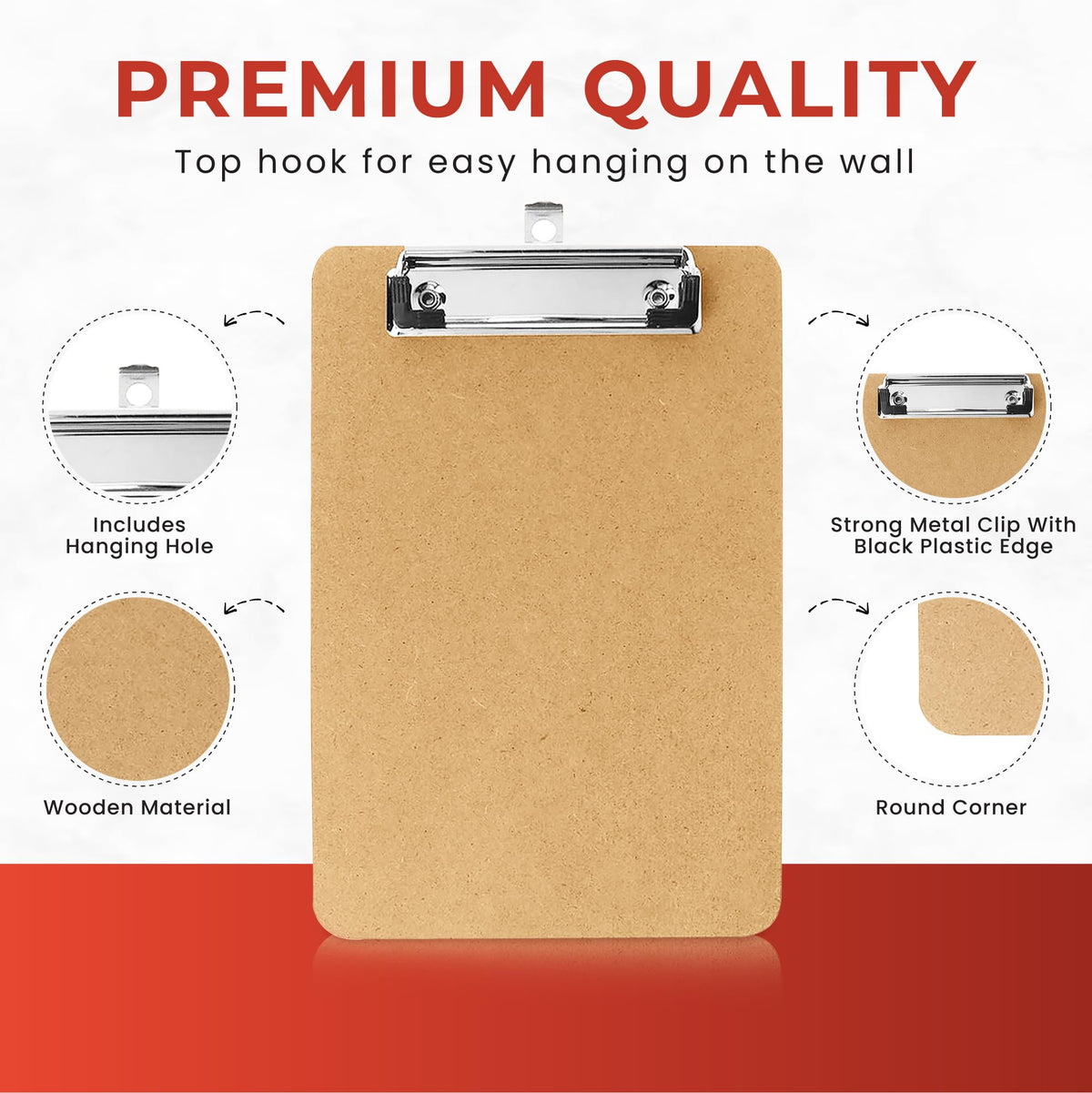 A5 Wooden Clipboard — Hardboard with Metal Clip & Hanging Hole