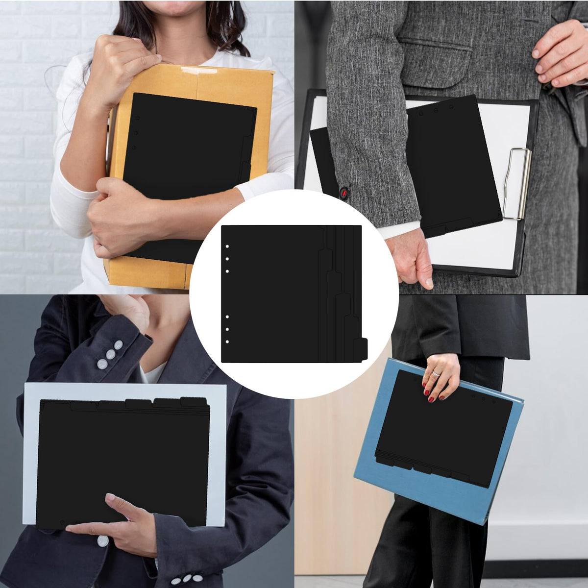 6-Pack A5 6-Hole Black Plastic Binder Dividers with Tabs