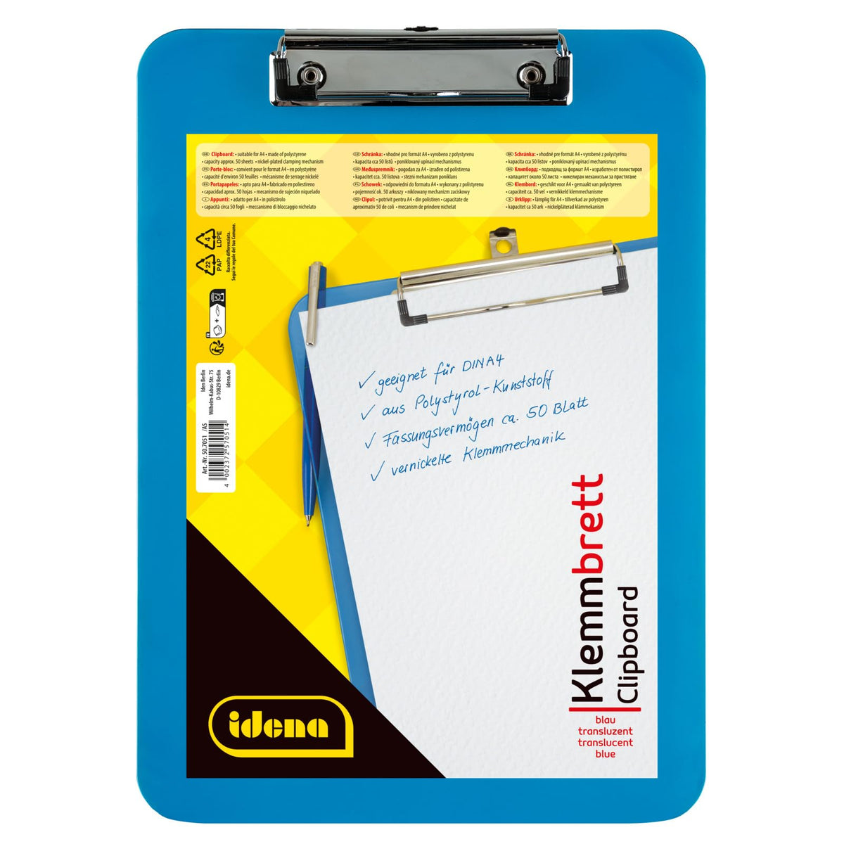 507051 Clipboard for DIN A4 Sheets, Translucent Blue, Nickel-Plated Clip