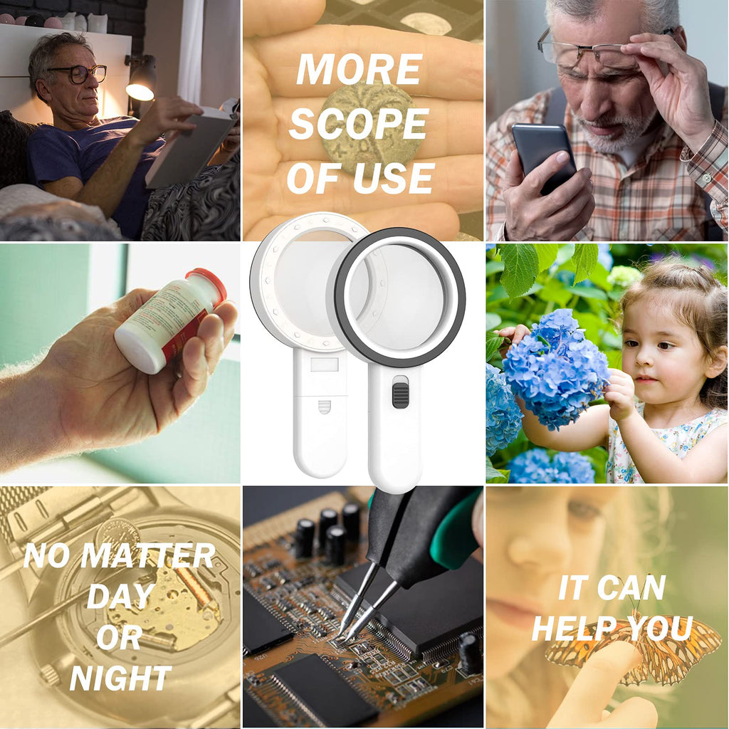 Magnifying Glass with Light, Double-Layer Glass Lens Handheld Large Magnifying Glass 12 LED Lighted Magnifier for Seniors Reading, Coins, Jewelry, Close Working