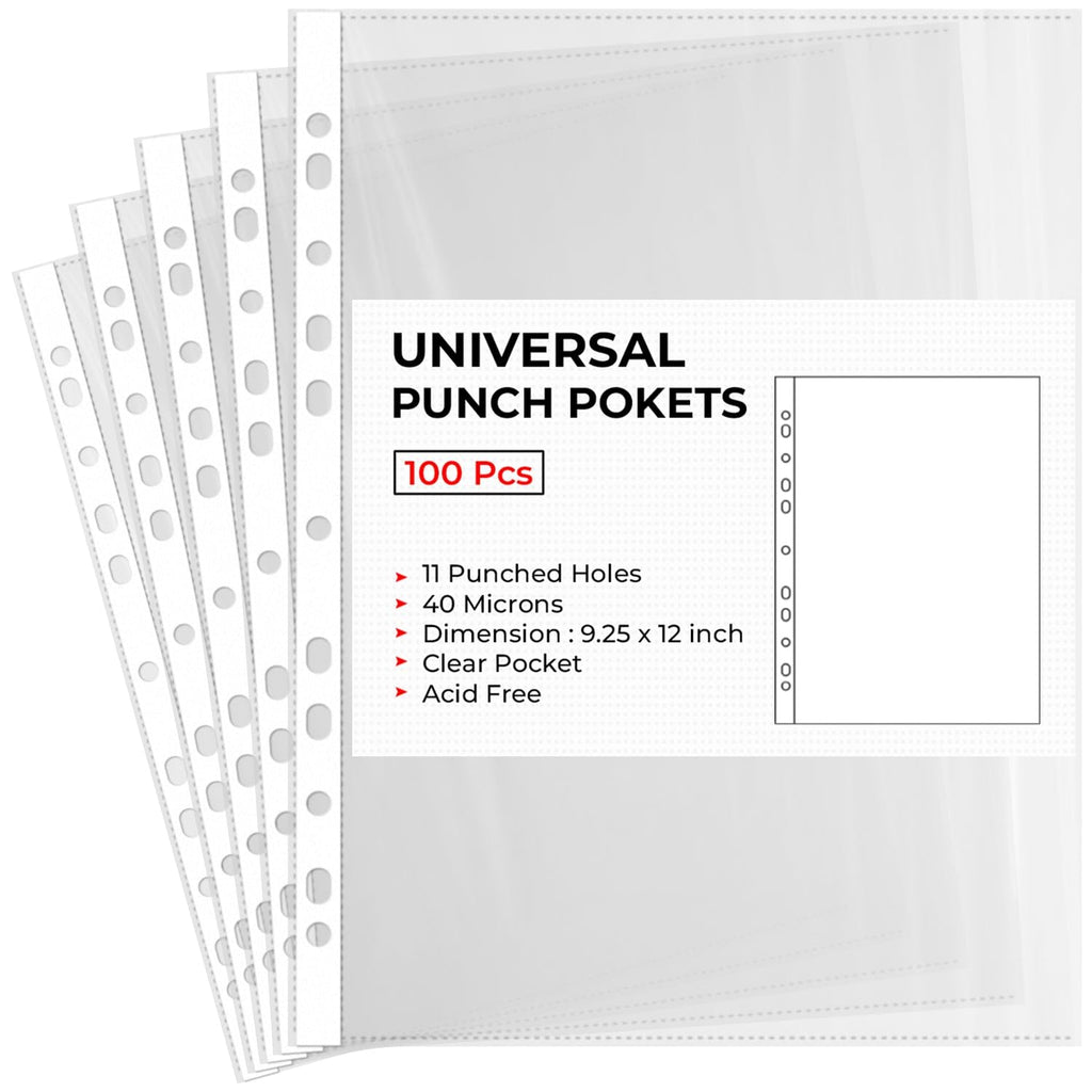 A4 11-Hole Heavy Duty 40 Micron Clear Punched Plastic Sleeves 100-Pack