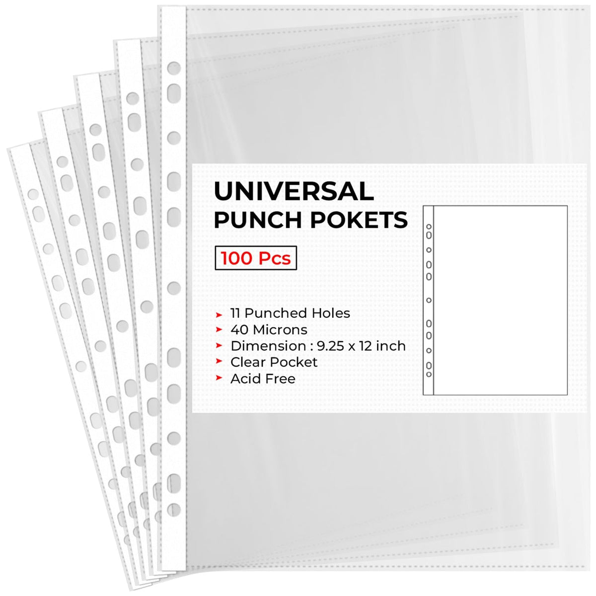 A4 11-Hole Heavy Duty 40 Micron Clear Punched Plastic Sleeves 100-Pack