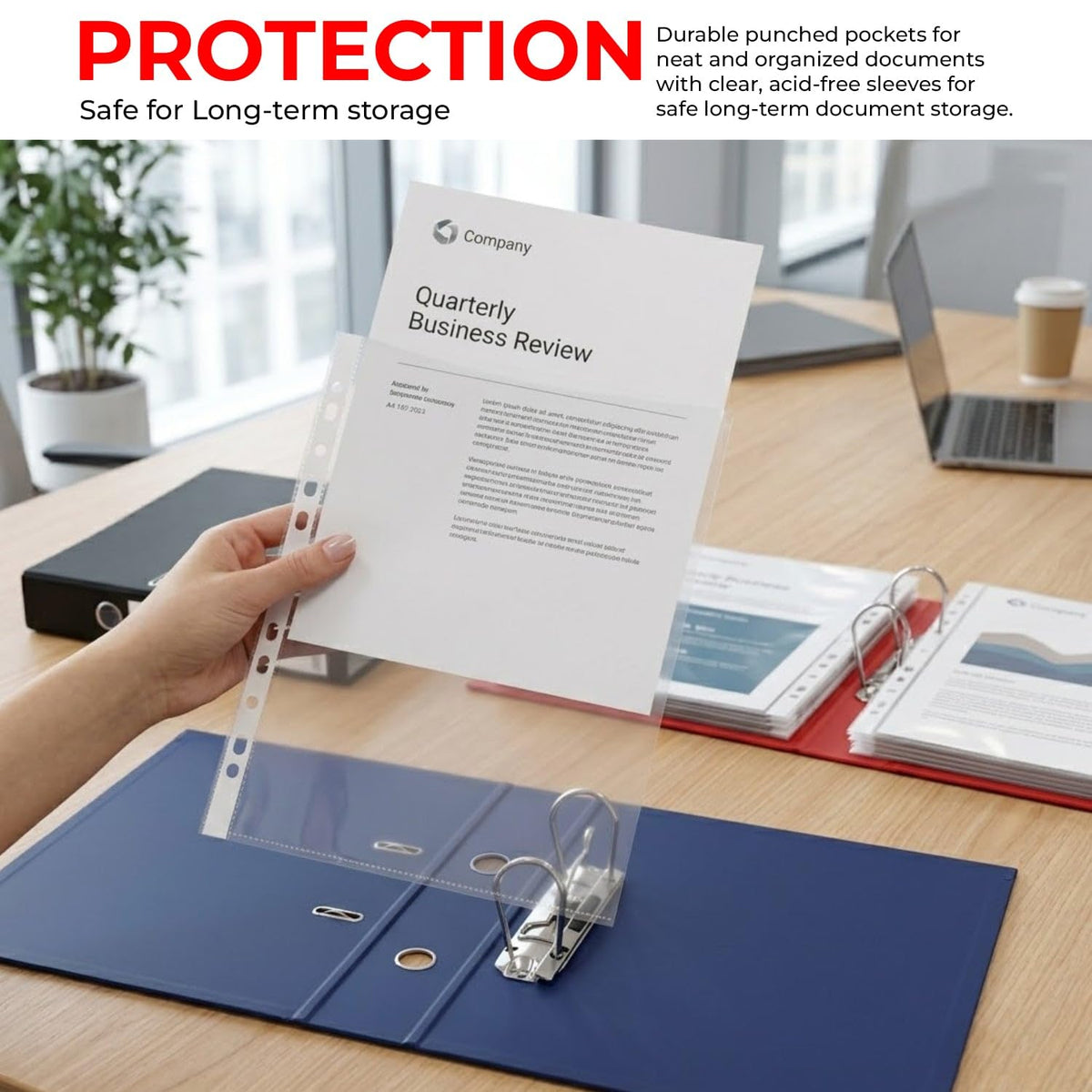 A4 11-Hole Heavy Duty 40 Micron Clear Punched Plastic Sleeves 100-Pack