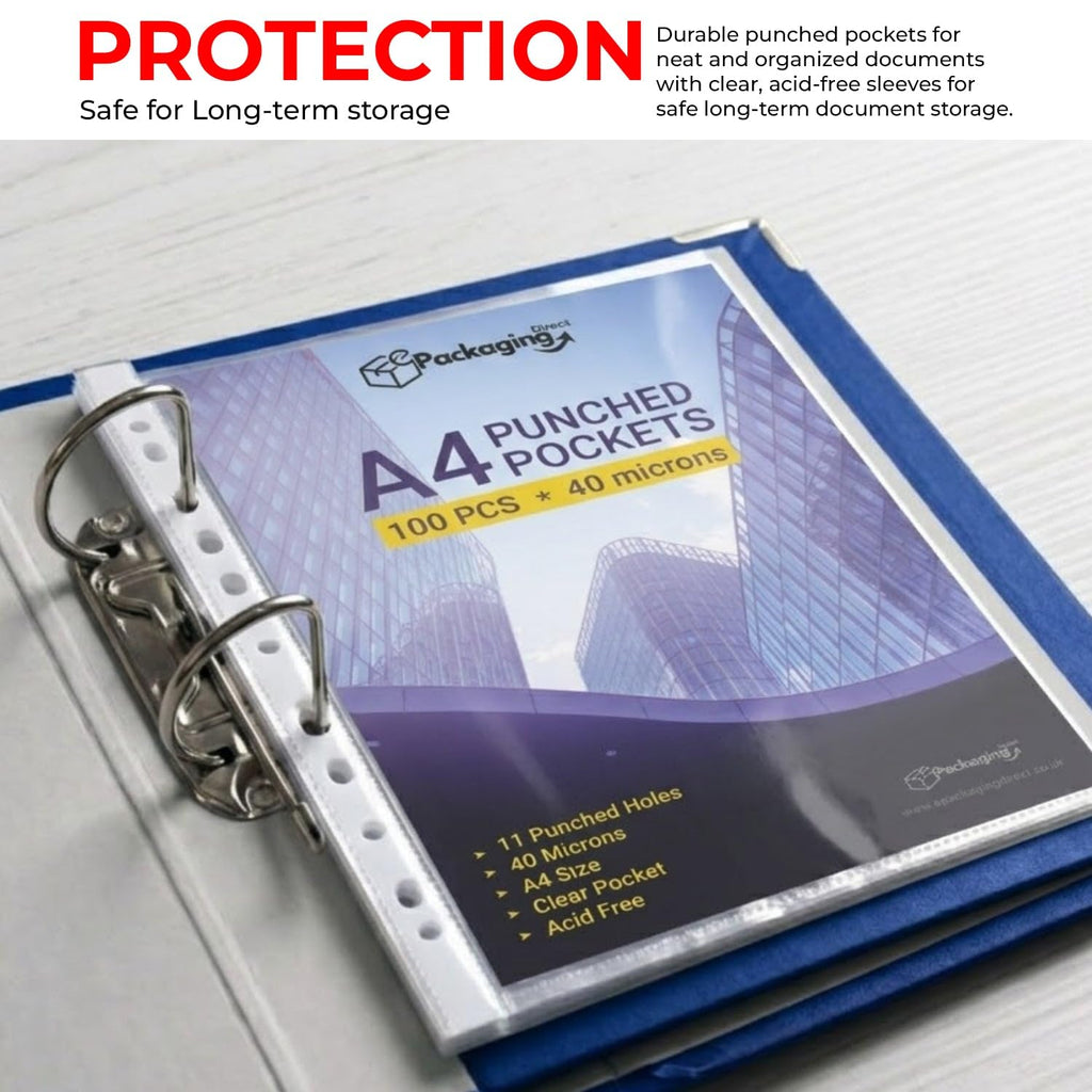 A4 11-Hole Heavy Duty 40 Micron Clear Punched Plastic Sleeves 100-Pack