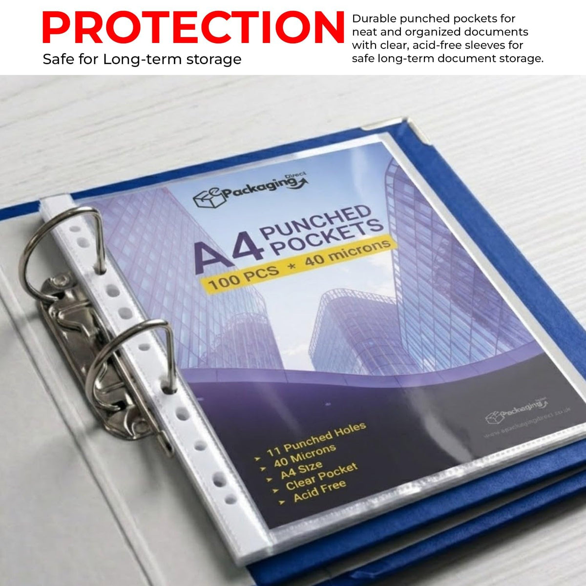 A4 11-Hole Heavy Duty 40 Micron Clear Punched Plastic Sleeves 100-Pack