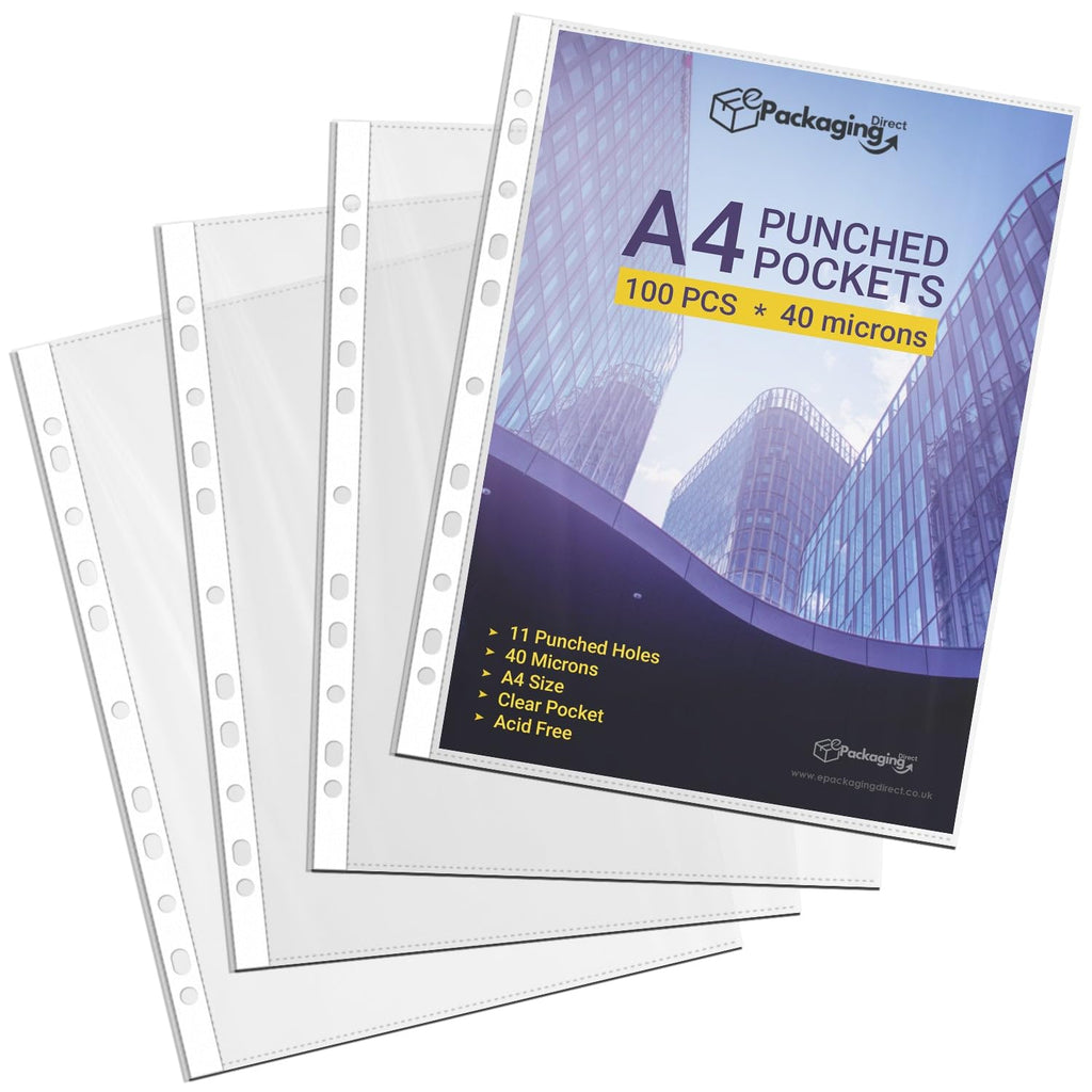 A4 11-Hole Heavy Duty 40 Micron Clear Punched Plastic Sleeves 100-Pack