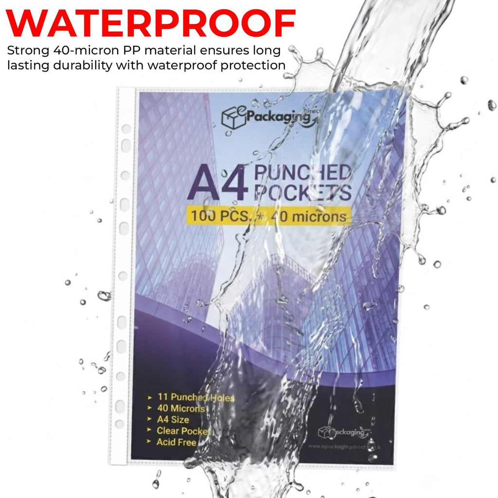 A4 11-Hole Heavy Duty 40 Micron Clear Punched Plastic Sleeves 100-Pack