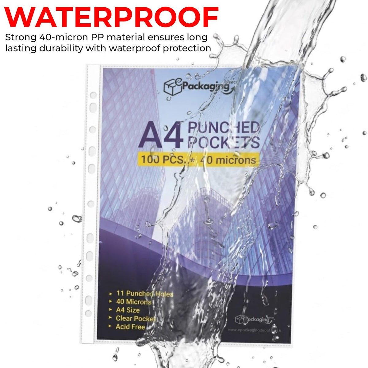 A4 11-Hole Heavy Duty 40 Micron Clear Punched Plastic Sleeves 100-Pack