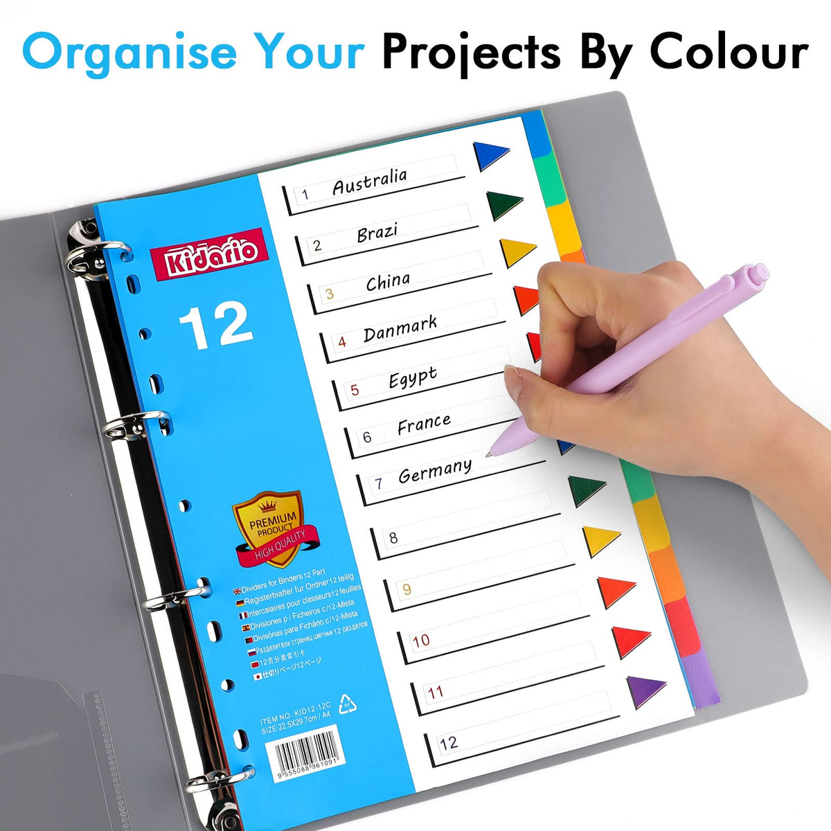 A4 12‑Part Pre‑Punched Plastic File Dividers — 3 Pack Assorted Colors