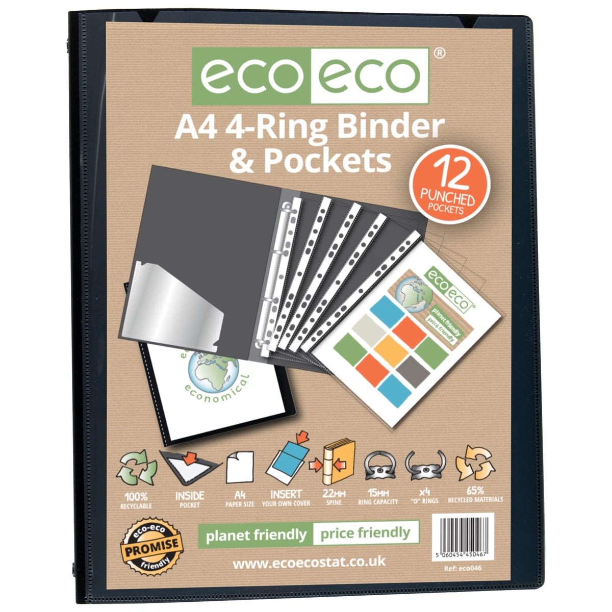A4 65% Recycled 4-Ring Presentation Binder with 12 Multi-Punched Pockets Black