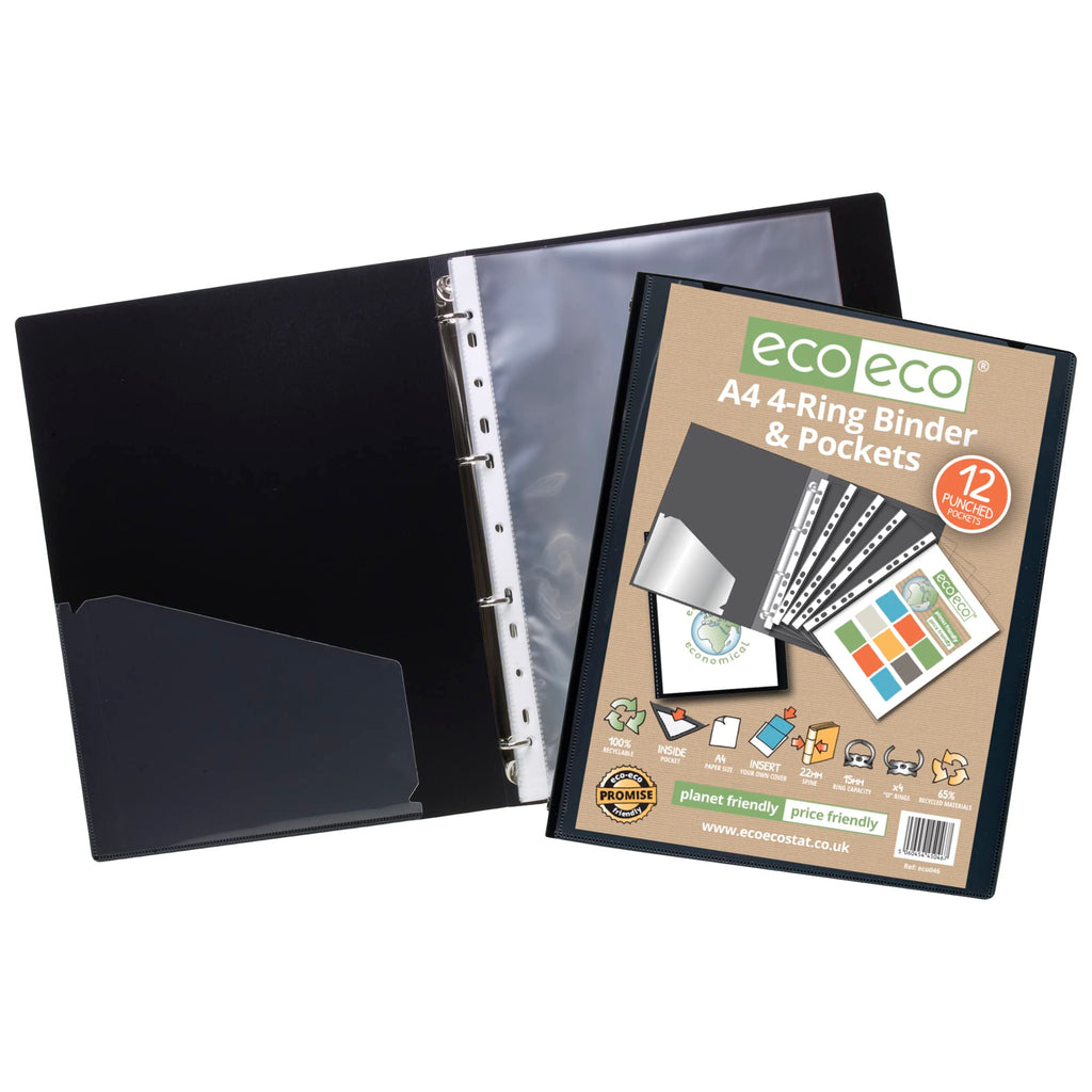 A4 65% Recycled 4-Ring Presentation Binder with 12 Multi-Punched Pockets Black