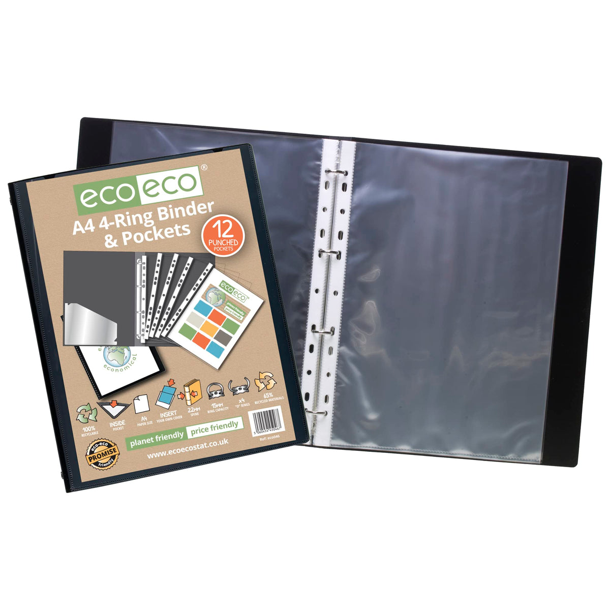 A4 65% Recycled 4-Ring Presentation Binder with 12 Multi-Punched Pockets Black