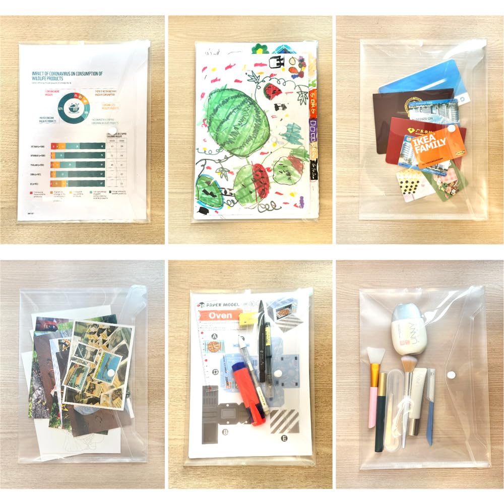 A4 Clear Plastic Document Wallets, 6-Pack with Snap Button