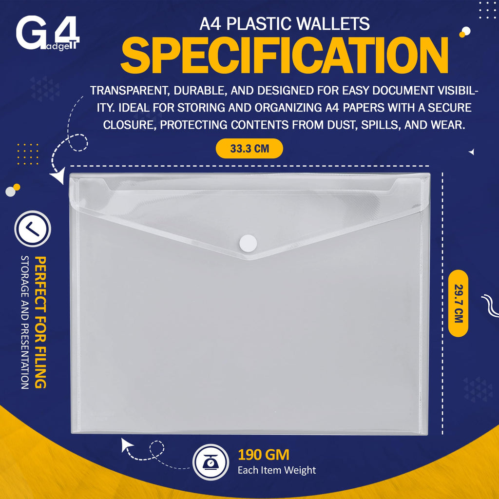 A4 Clear Plastic Wallets Pack of 5 — Popper Document Folders with Label Pocket