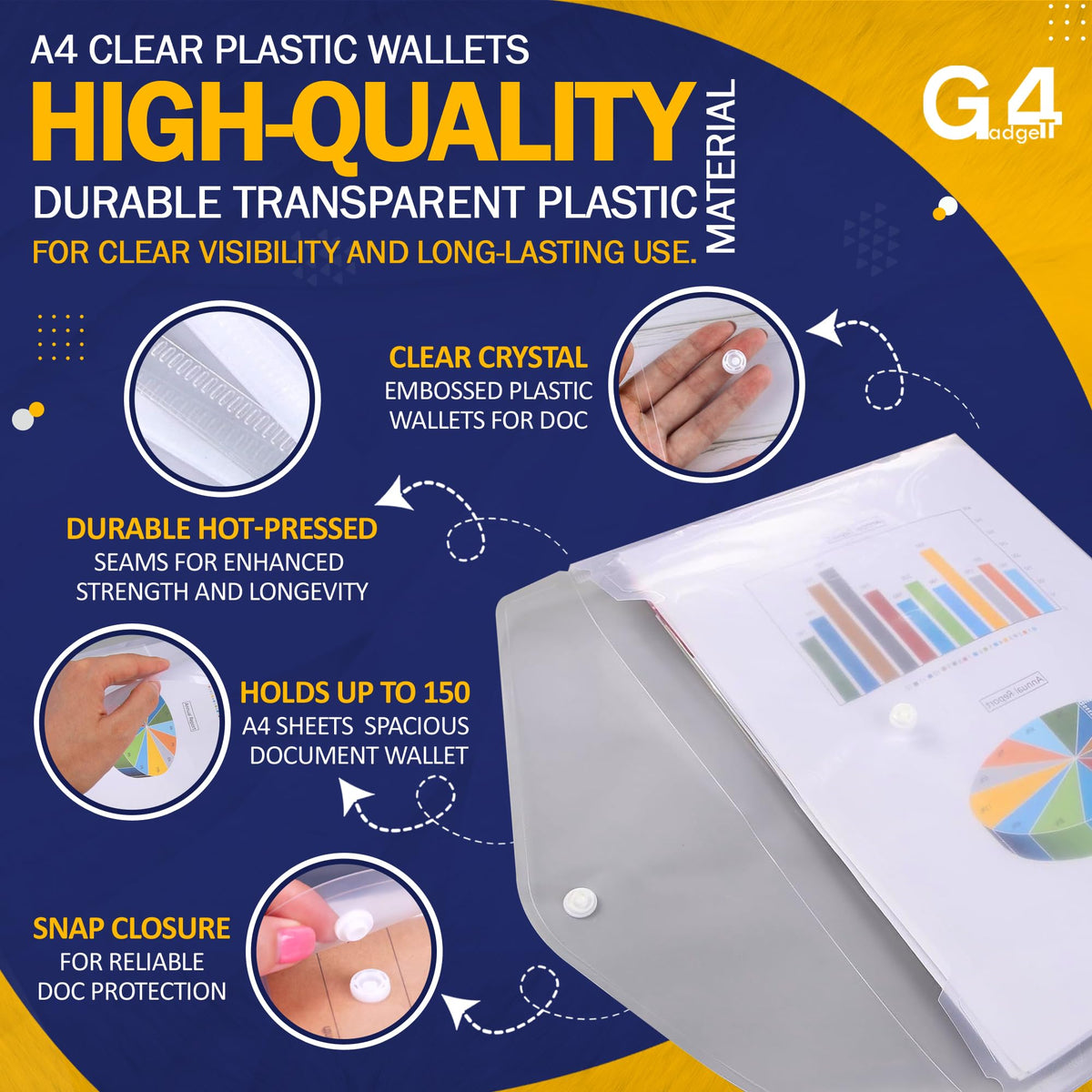A4 Clear Plastic Wallets Pack of 5 — Popper Document Folders with Label Pocket