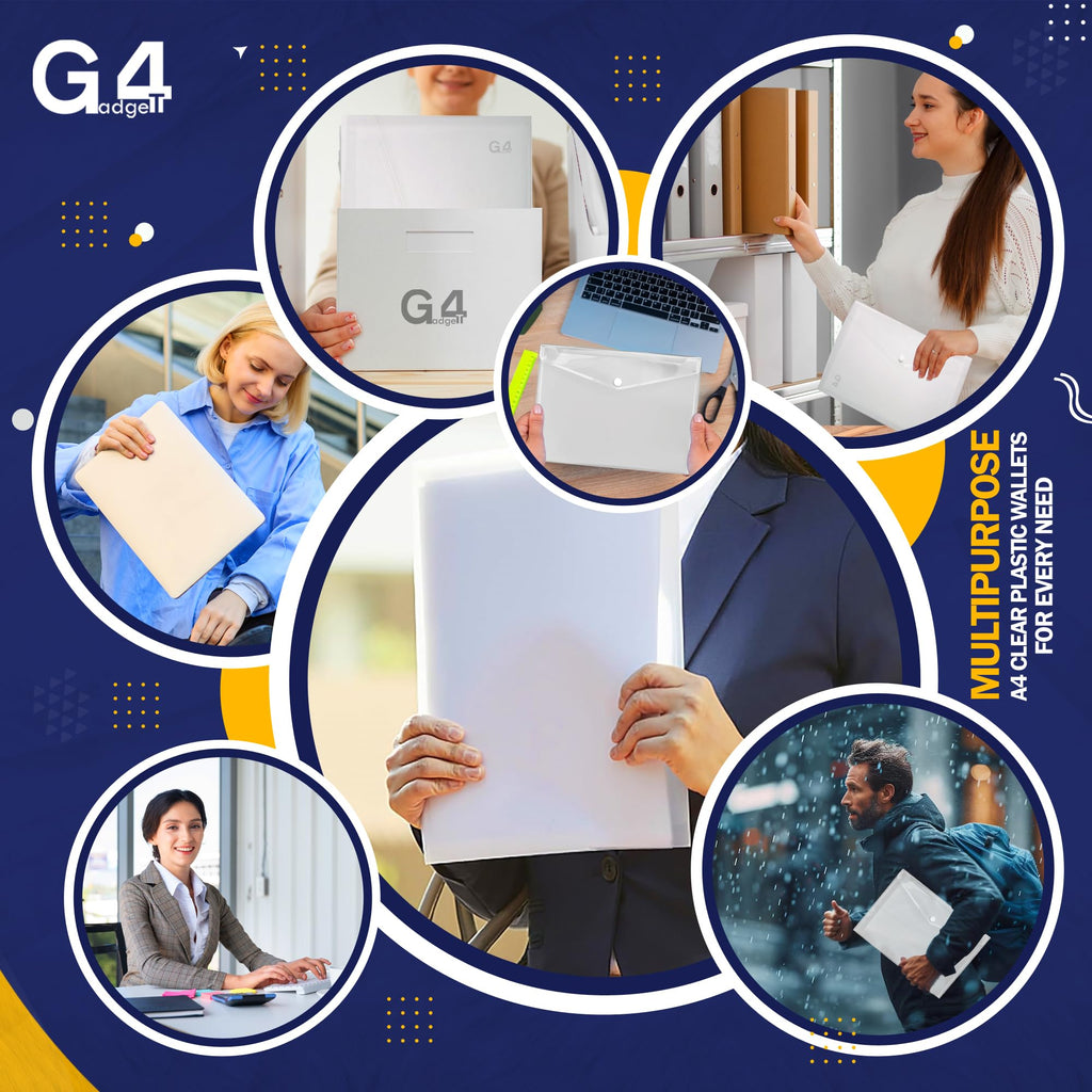 A4 Clear Plastic Wallets Pack of 5 — Popper Document Folders with Label Pocket