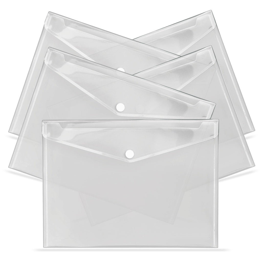 A4 Clear Plastic Wallets Pack of 5 — Popper Document Folders with Label Pocket