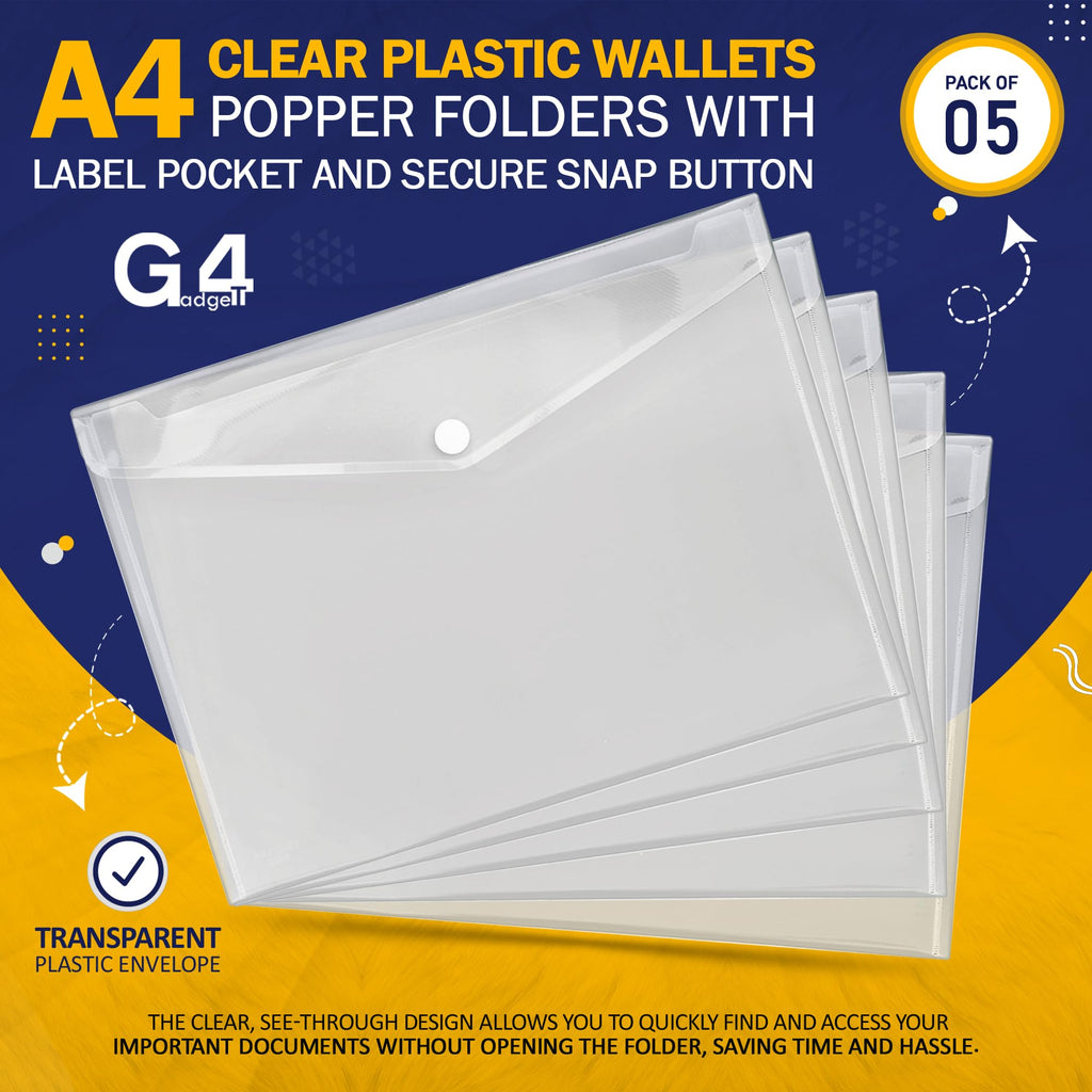 A4 Clear Plastic Wallets Pack of 5 — Popper Document Folders with Label Pocket
