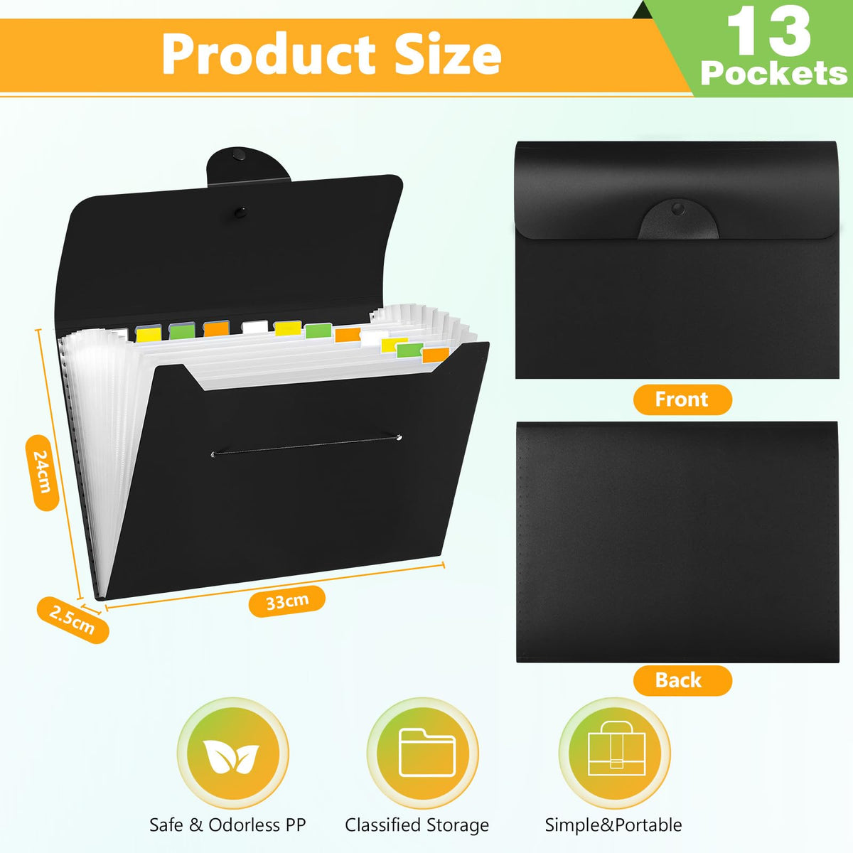A4 Expanding File Organizer — 13 Pockets, Black