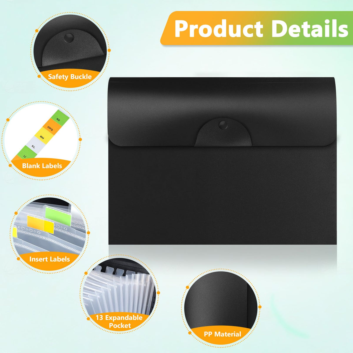 A4 Expanding File Organizer — 13 Pockets, Black