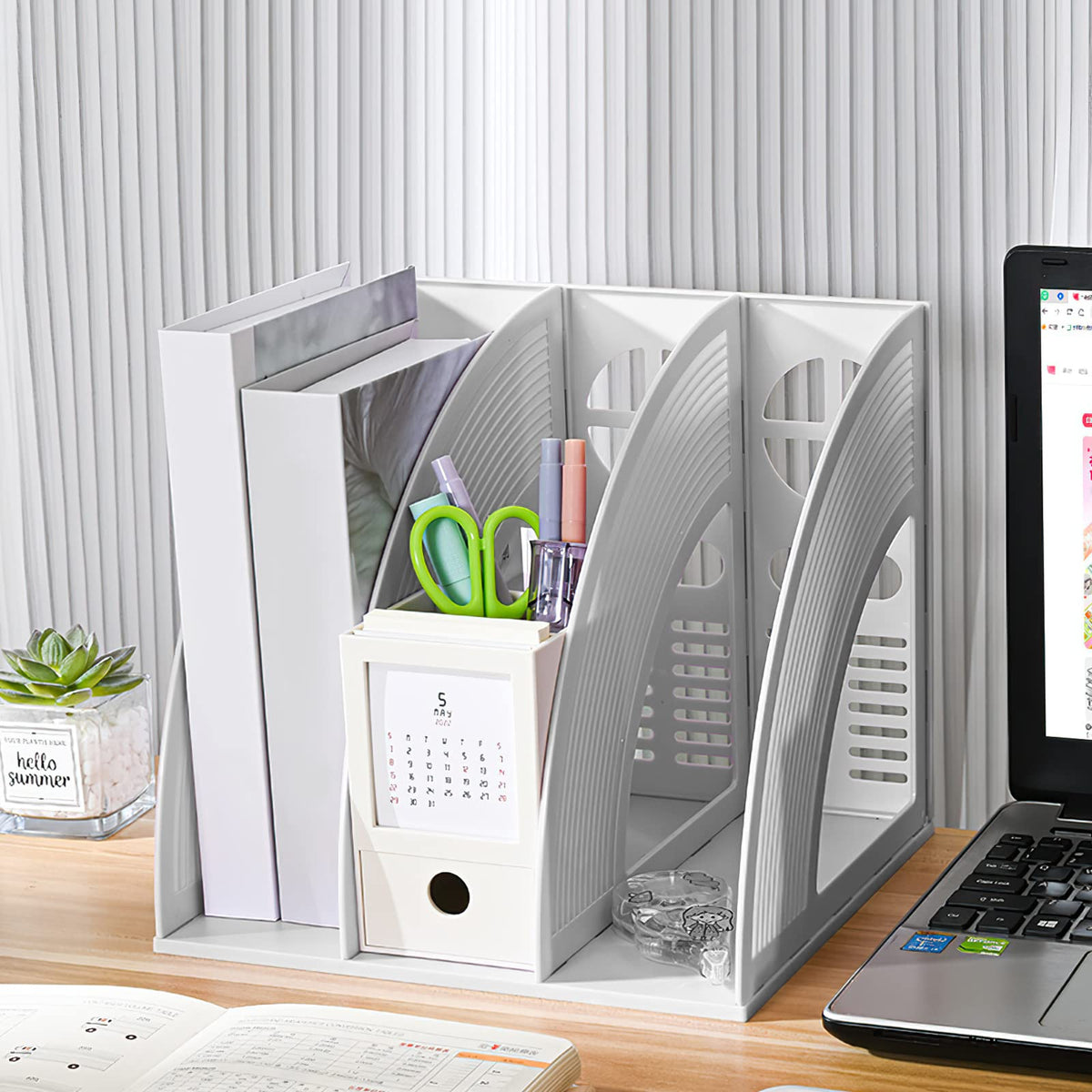 A4 File Holder Magazine Rack, 3-Compartment Desk Organizer (Grey)