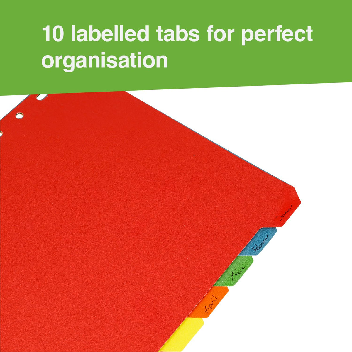 A4 Folder Dividers — 10 Coloured Tabs (5 Colours), 160 g/m², Euro Perforation