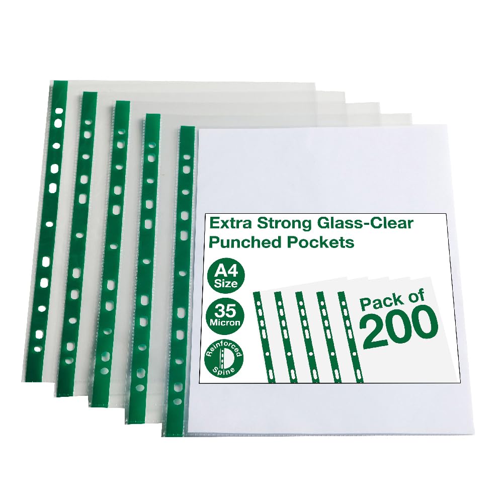 A4 Glass-Clear Punched Pockets Pack of 200 — Multi-Punched Sheet Protectors