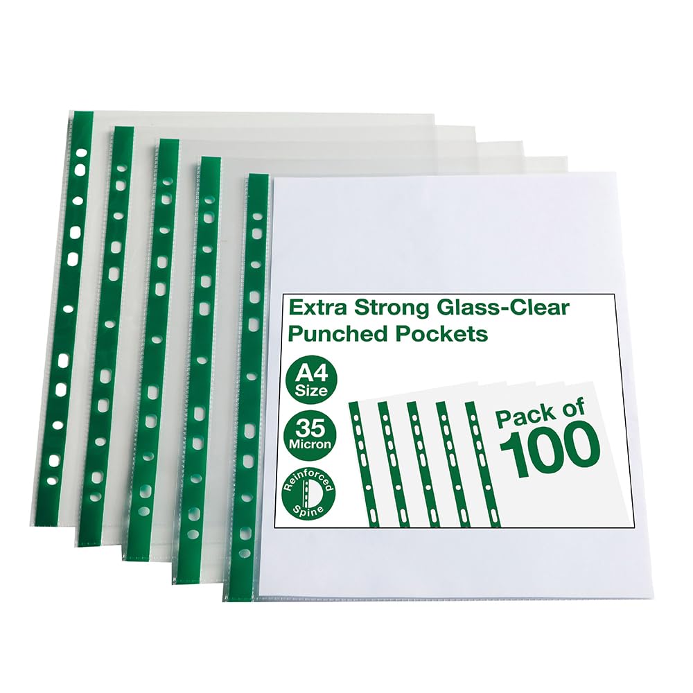 A4 Glass-Clear Punched Pockets — Reinforced Spine, Multi-Punched, Pack of 100