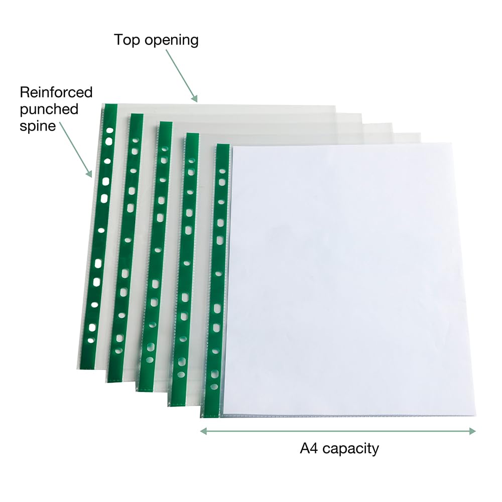 A4 Glass-Clear Punched Pockets — Reinforced Spine, Multi-Punched, Pack of 100