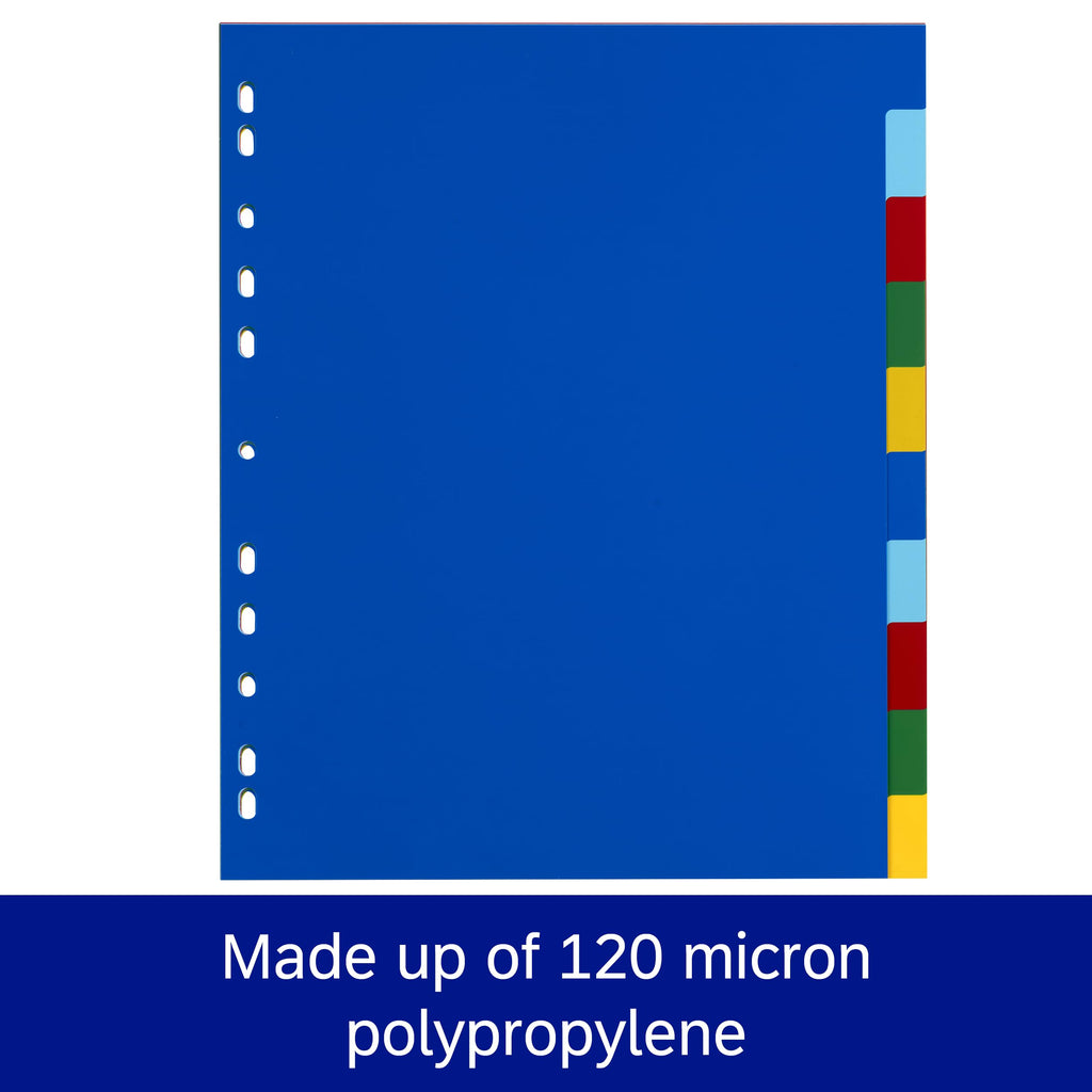 A4 Plastic 10-Part Dividers — Lightweight Multi-Colored Tabs, Tear-Resistant, Multi-Punched