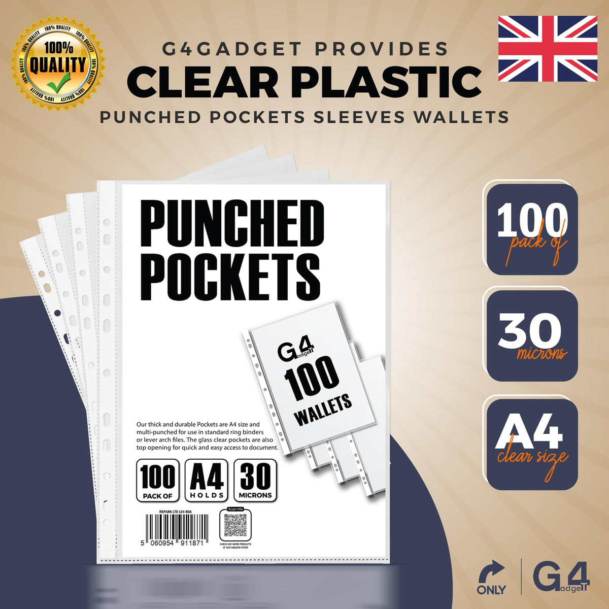 A4 Plastic Pockets Reinforced Spine 30 Micron Pack of 100