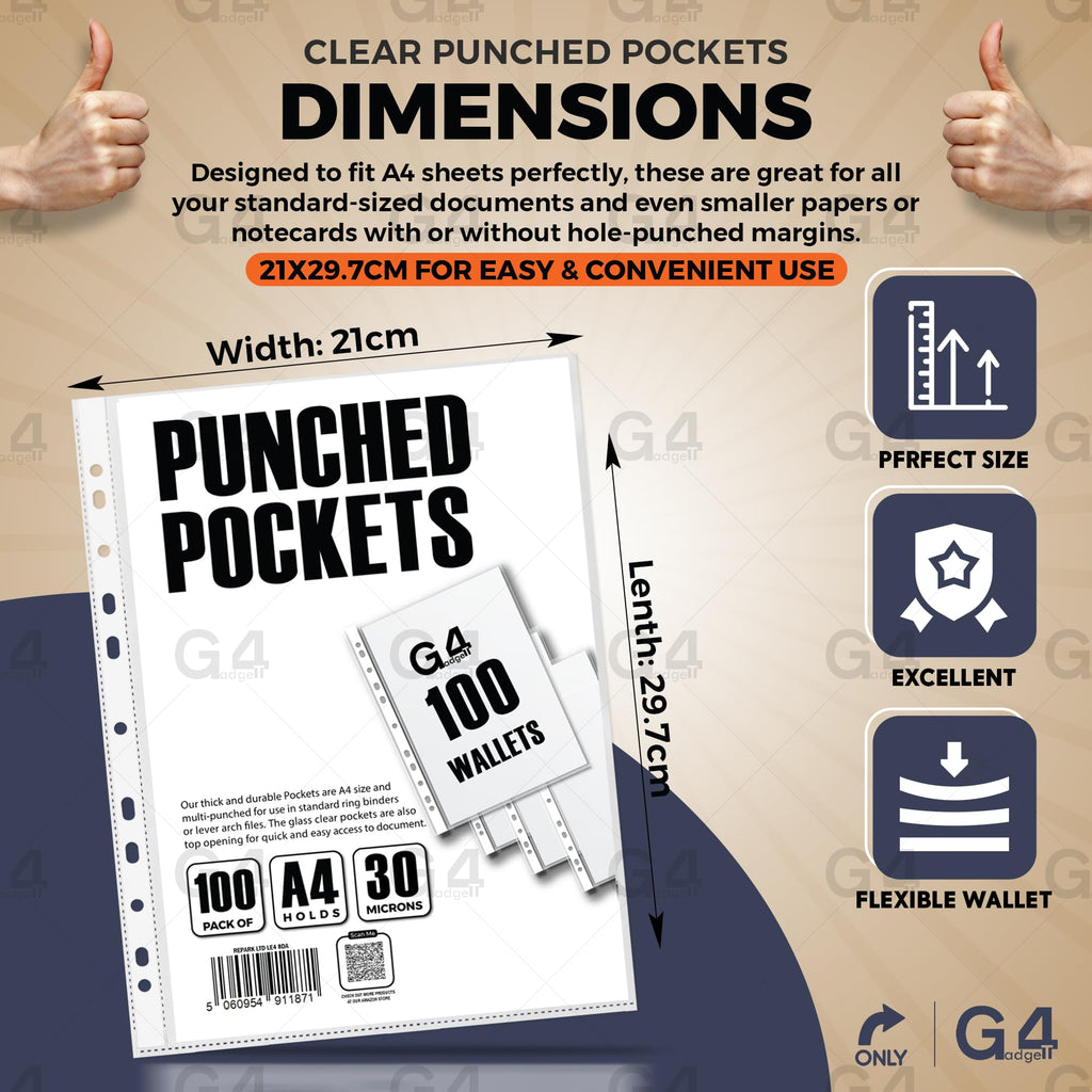A4 Plastic Pockets Reinforced Spine 30 Micron Pack of 100