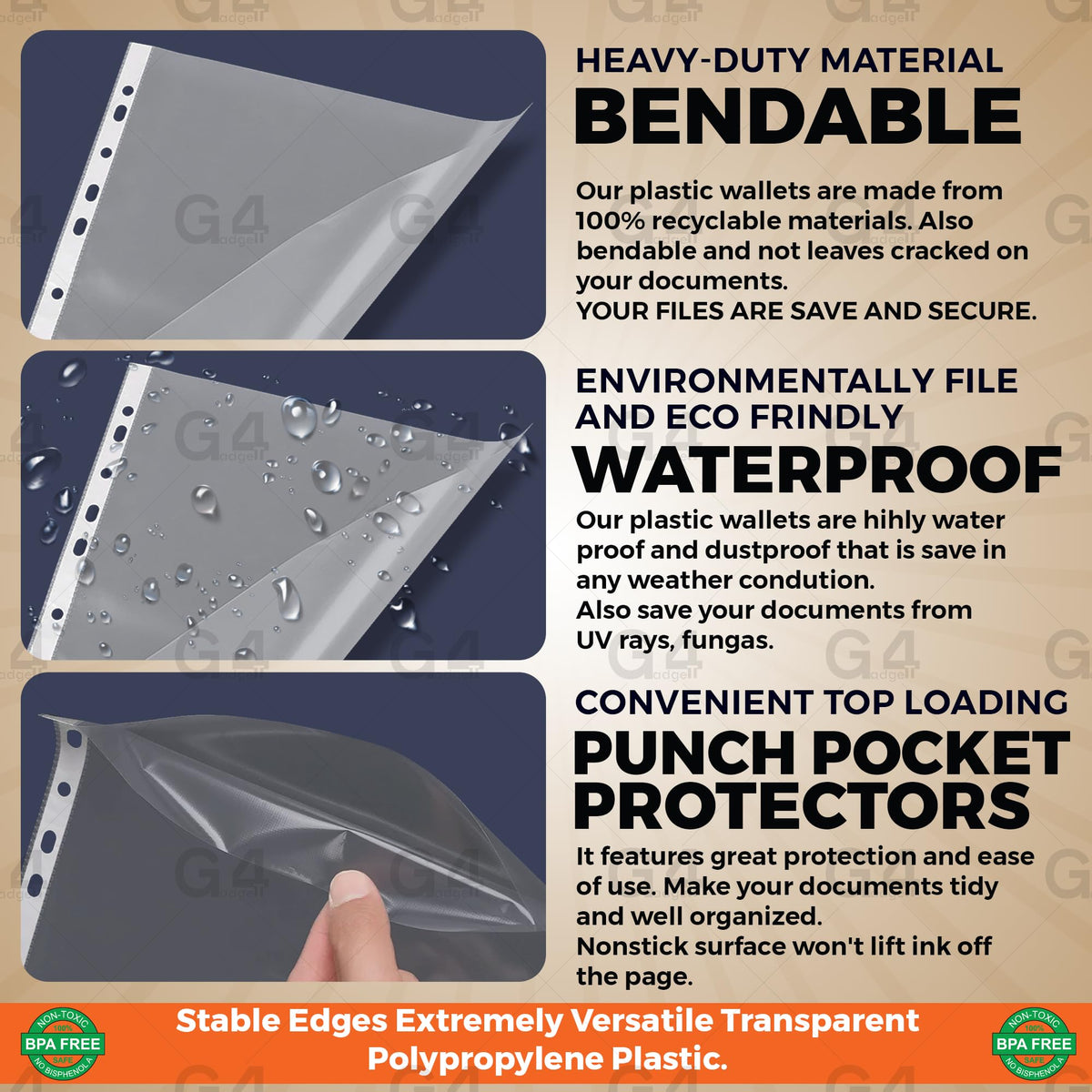 A4 Plastic Pockets Reinforced Spine 30 Micron Pack of 100