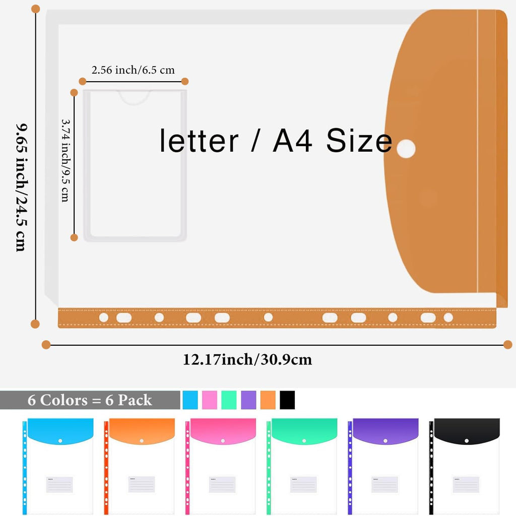 A4 Plastic Punched Wallets with Button — 6-Pack Assorted Colours