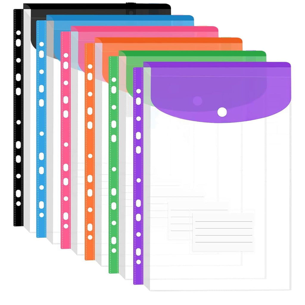 A4 Plastic Punched Wallets with Button — 6-Pack Assorted Colours