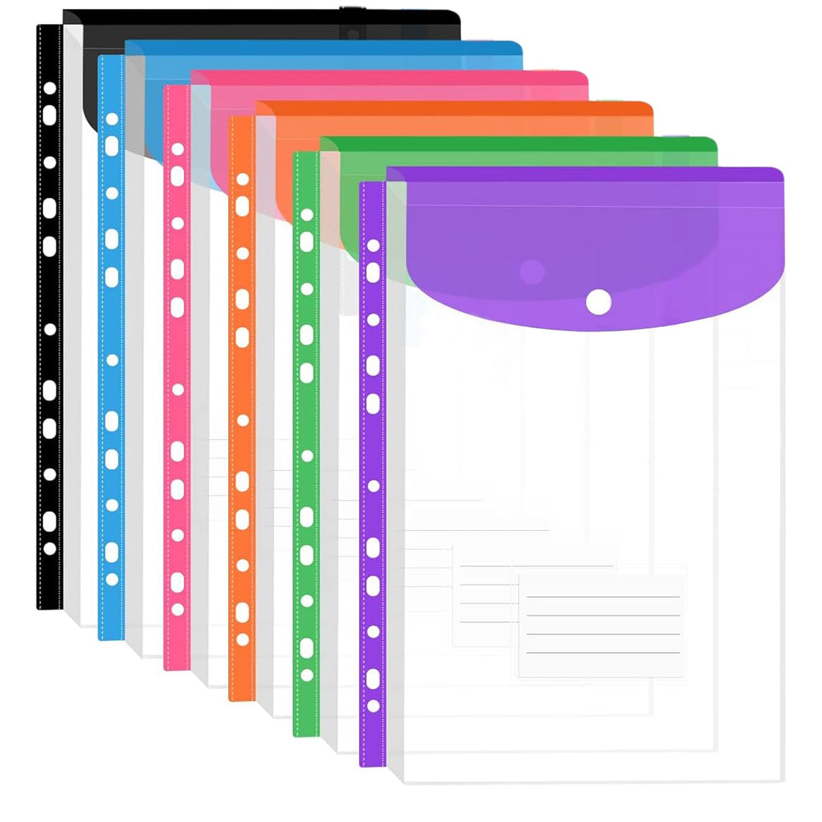 A4 Plastic Punched Wallets with Button — 6-Pack Assorted Colours