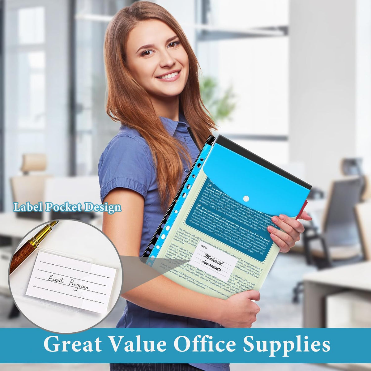A4 Plastic Punched Wallets with Button — 6-Pack Assorted Colours