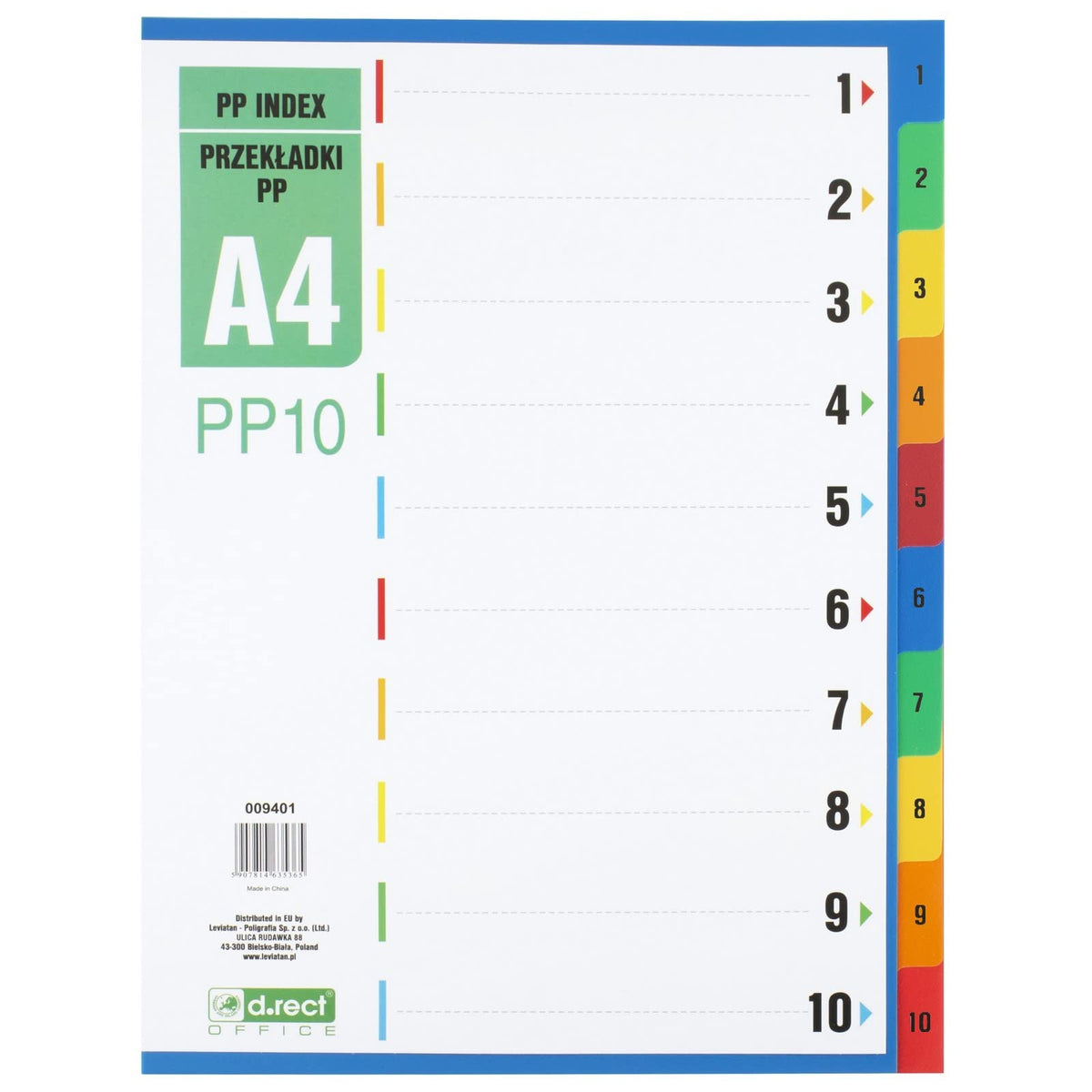 A4 Polypropylene 10-Tab Numbered Dividers (1-10), Multicoloured