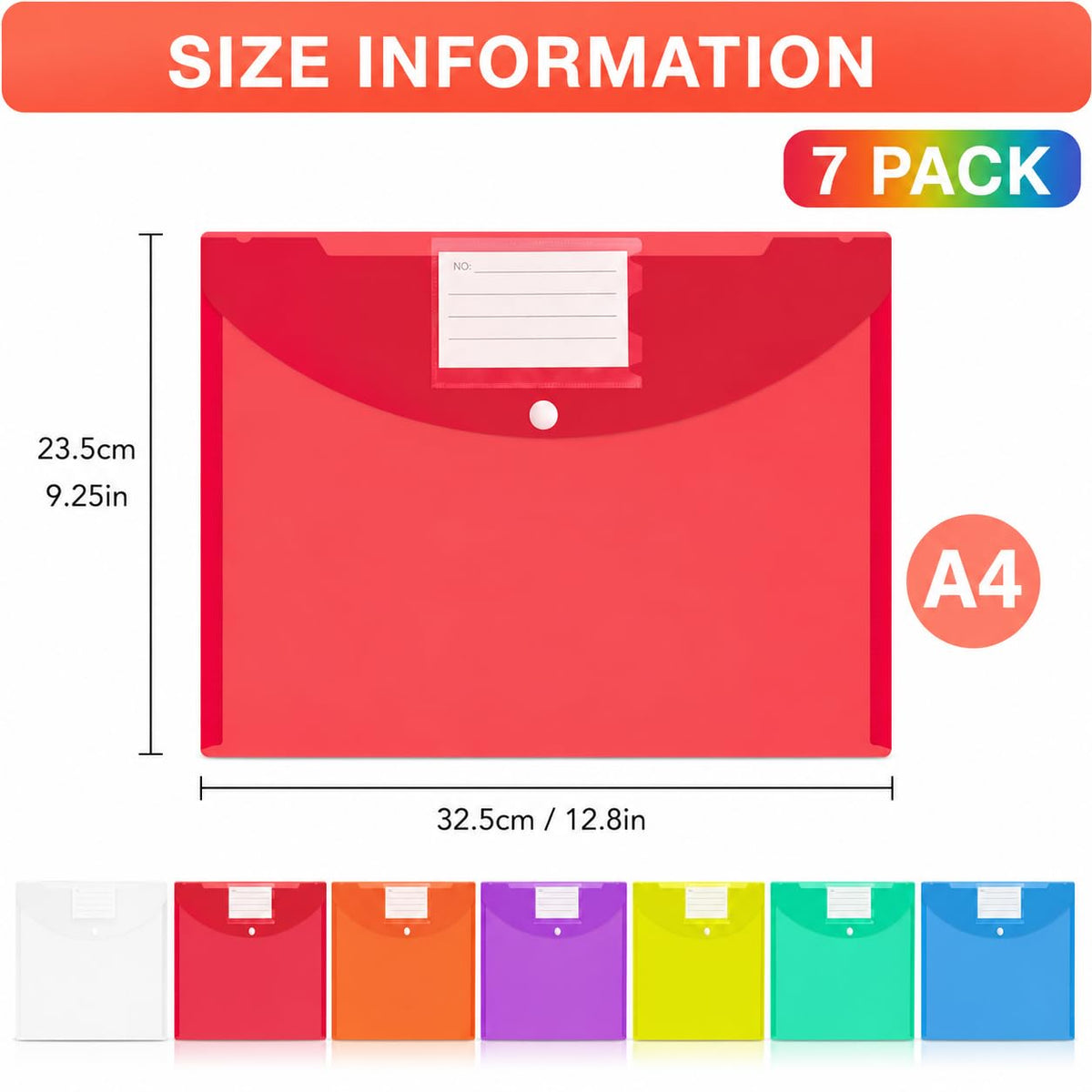A4 Waterproof Plastic Wallets 7-Pack — Button-Closure Document Folders