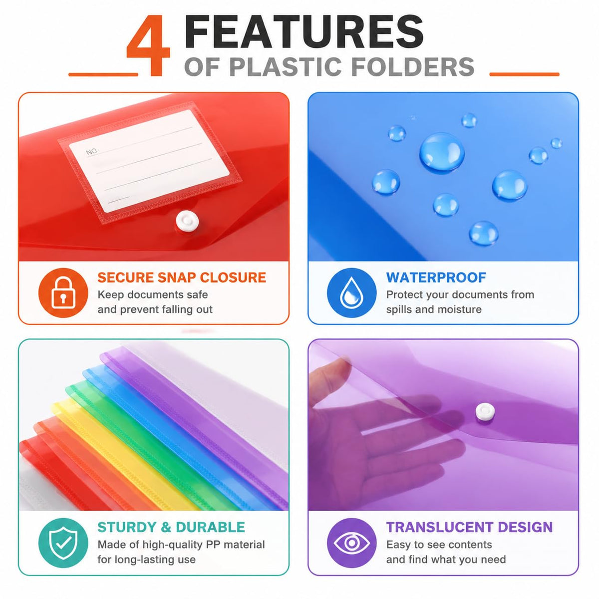 A4 Waterproof Plastic Wallets 7-Pack — Button-Closure Document Folders