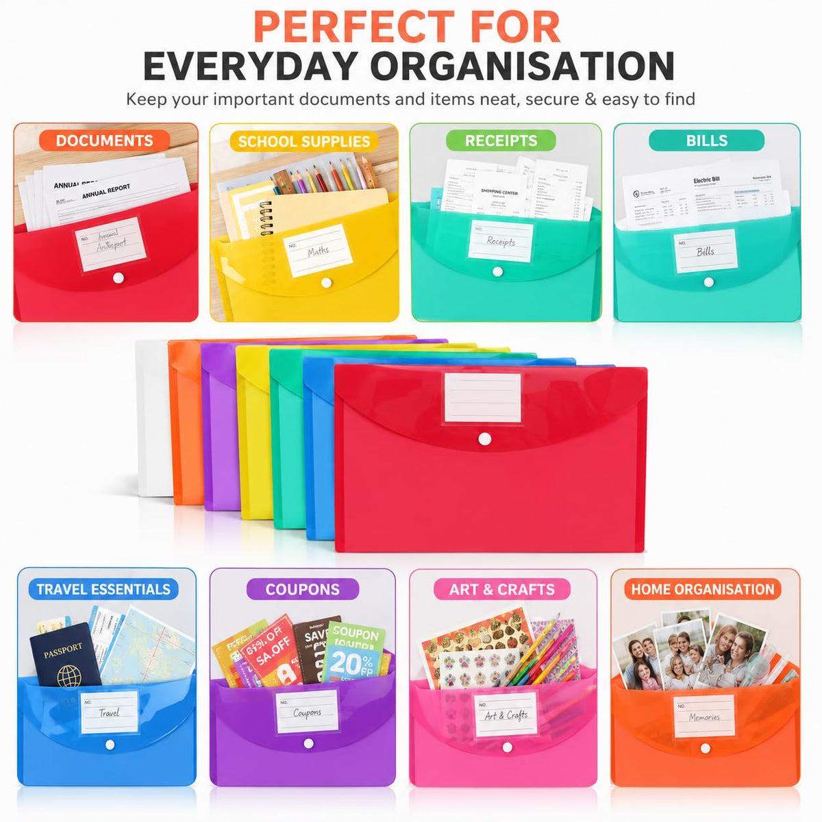 A4 Waterproof Plastic Wallets 7-Pack — Button-Closure Document Folders