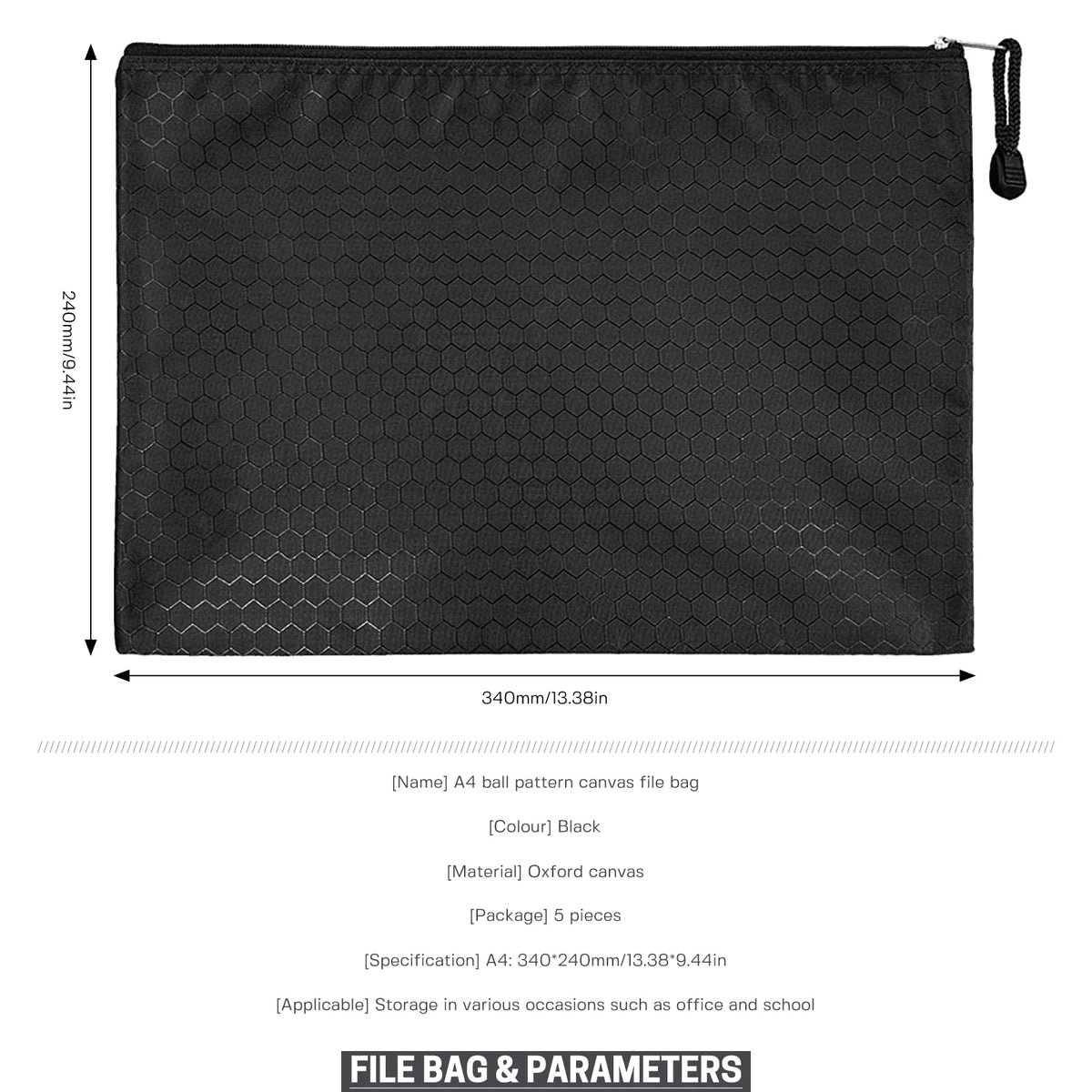 A4 Zipper File Bags 5-Pack, Black Waterproof Canvas Document Pouches