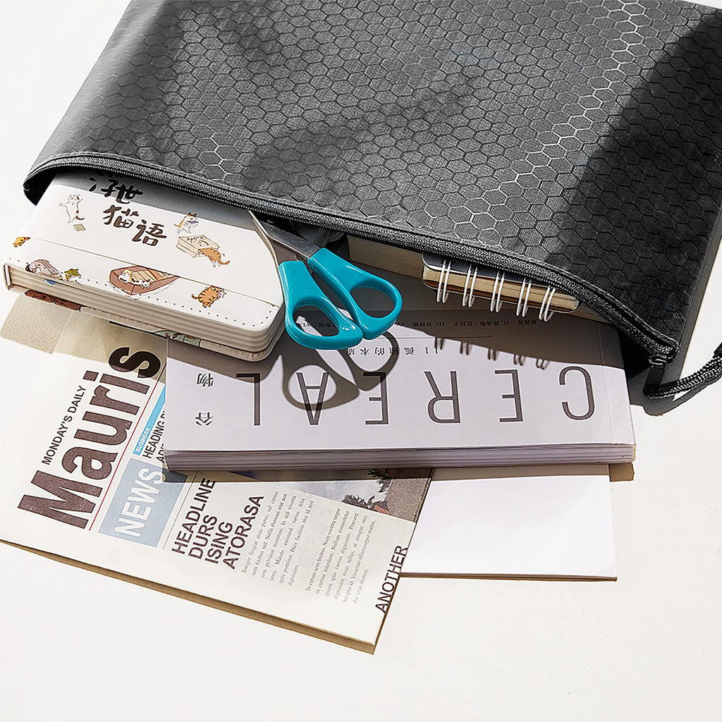 A4 Zipper File Bags 5-Pack, Black Waterproof Canvas Document Pouches