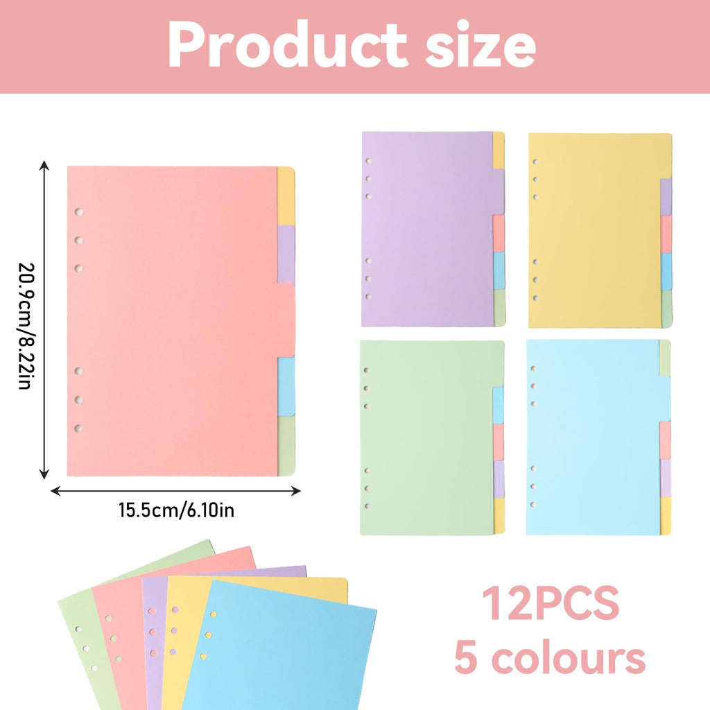 A5 6-Hole Binder Dividers, 60 Pastel Index Tabs