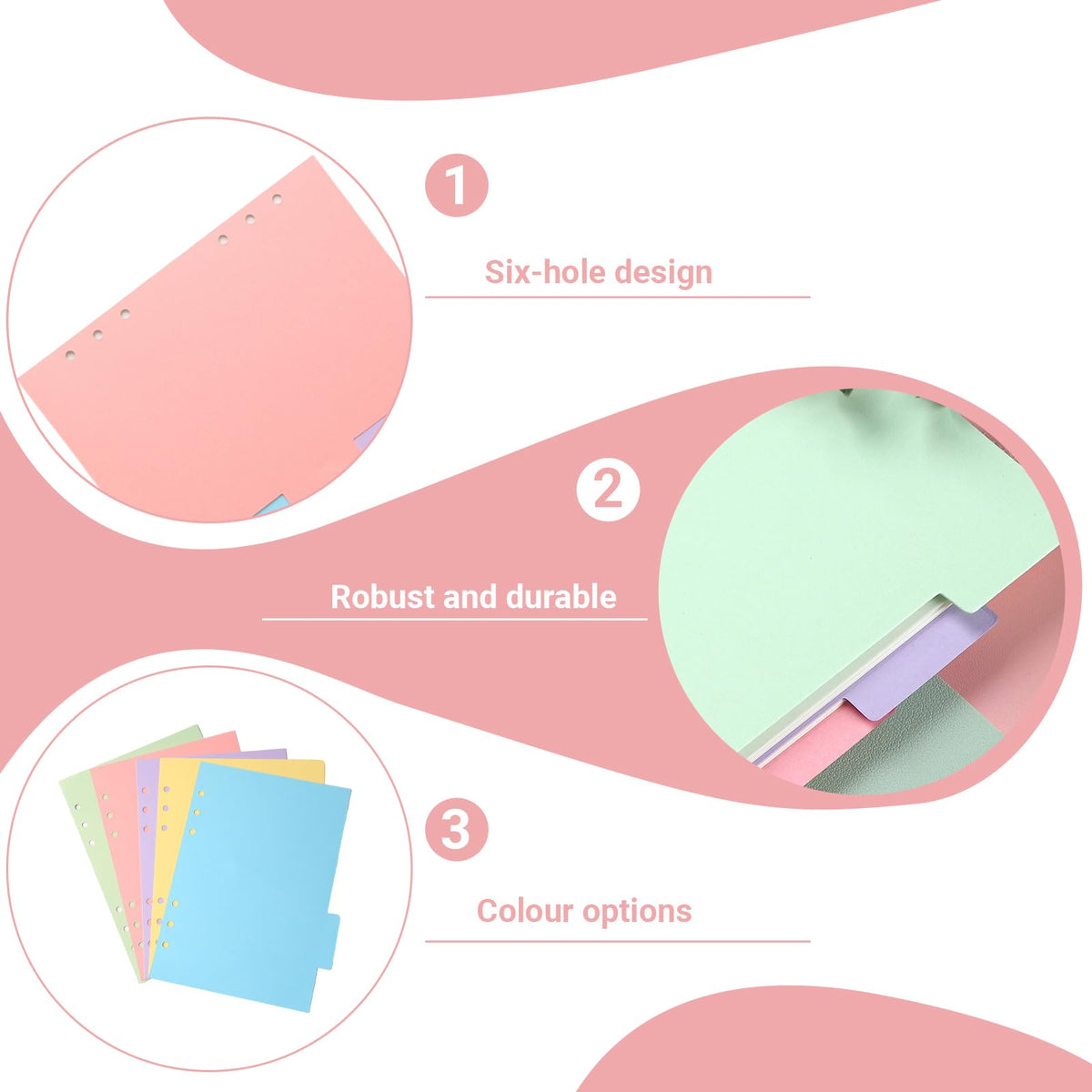 A5 6-Hole Binder Dividers, 60 Pastel Index Tabs